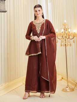 MOKOSH - Brown Silk Embroidered Peplum Kurti and Palazzo with Dupatta