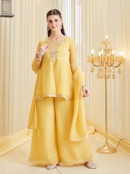 MOKOSH - Yellow Silk Embroidered Peplum Kurti and Palazzo with Dupatta