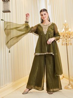 MOKOSH - Green Silk Embroidered Peplum Kurti and Palazzo with Dupatta