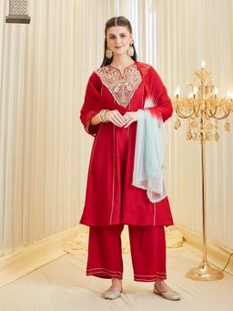MOKOSH - Red Silk Embroidered Anarkali Kurta and Palazzo with Dupatta