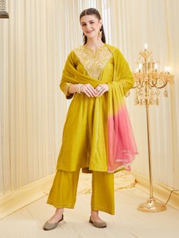 MOKOSH - Mustard Silk Embroidered Anarkali Kurta and Palazzo with Dupatta