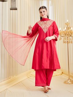 MOKOSH - Red Embroidered Anarkali Kurta and Palazzo with Dupatta