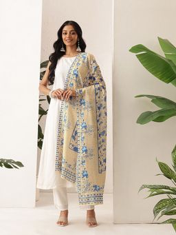 Silk Land - Beige Digital Printed Kalamkari Mul Cotton Fabric Dupatta