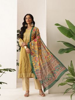 Silk Land - Mustard Digital Printed Kalamkari Mul Cotton Fabric Dupatta
