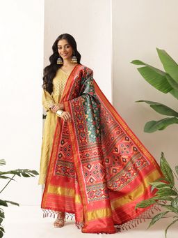 Silk Land - Green Traditional Double Ikkat Patola Dupatta With Tassels