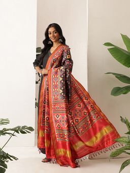 Silk Land - Black Traditional Double Ikkat Patola Dupatta With Tassels