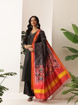 Silk Land - Black Digital Printed Traditional Bandhani Patola Dupatta With Tassels