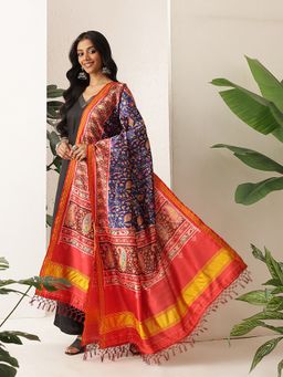 Silk Land - Blue Kalamkari Patola Digital Printed Handmade Dupatta With Tassels