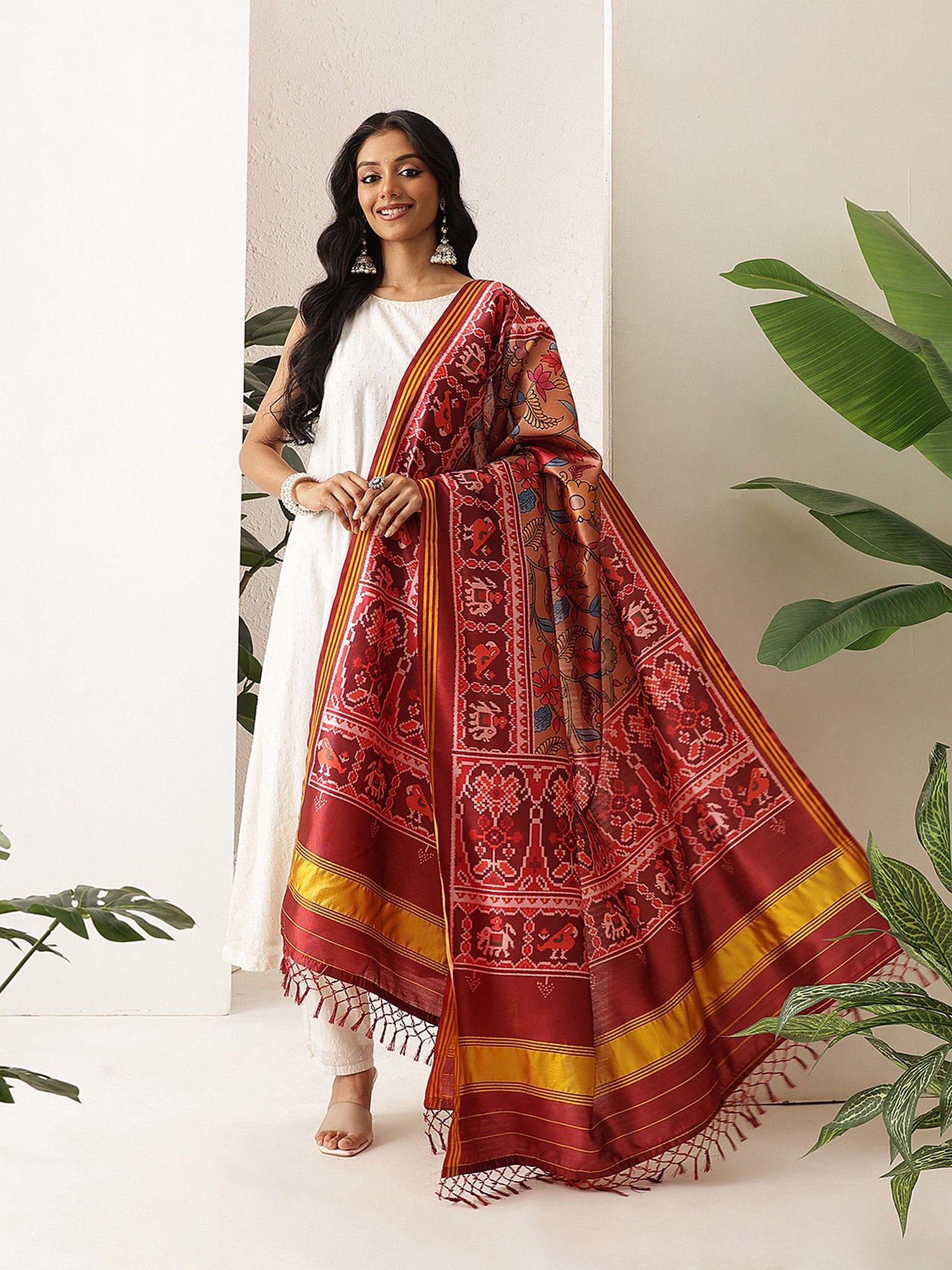Gold Kalamkari Patola Digital Printed Handmade Dupatta With Tassels-image-4