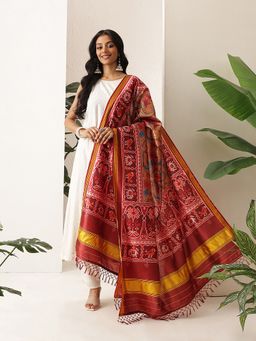 Silk Land - Gold Kalamkari Patola Digital Printed Handmade Dupatta With Tassels