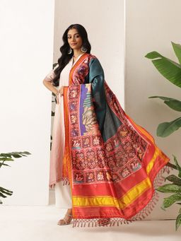 Silk Land - Multi-Color Kalamkari Patola Digital Printed Handmade Dupatta With Tassels