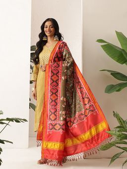 Silk Land - Olive Kalamkari Patola Digital Printed Handmade Dupatta With Tassels