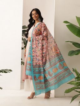 Silk Land - Peach Digital Printed Kalamkari Mul Cotton Fabric Dupatta