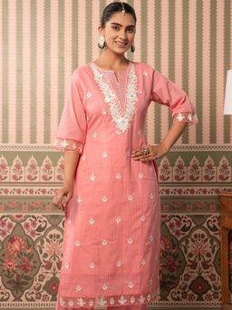 ARAMYA - Women Peach Cotton Dobby Straight Solid Kurta