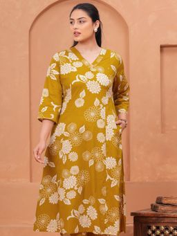 ARAMYA - Women Mustard Soft Cotton Straight Floral Print Kurta
