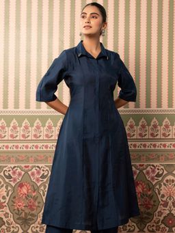 ARAMYA - Women Blue Chanderi A-Line Solid Kurta