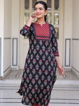 ARAMYA - Women Black Soft Cotton Straight Ethnic Motifs Print Kurta