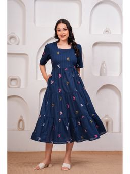ARAMYA - Women Navy Blue Cotton Dobby Anarkali Solid Kurta