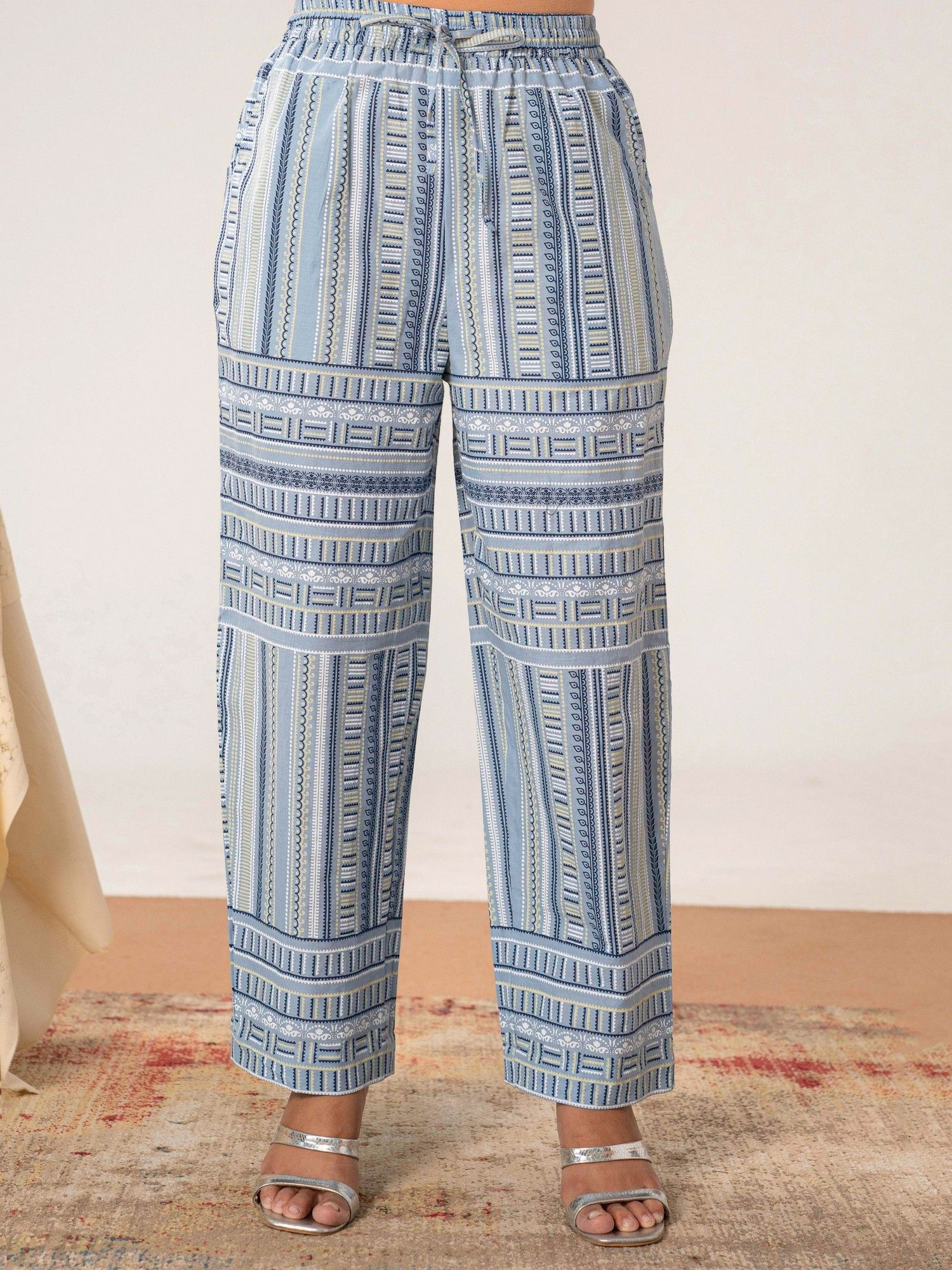 Blue Soft cotton Geometric Trousers-image-12