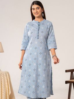 ARAMYA - Women Blue Soft Cotton Straight Geometric Print Kurta