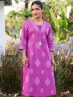 ARAMYA - Women Purple Soft Cotton Straight Floral Print Kurta