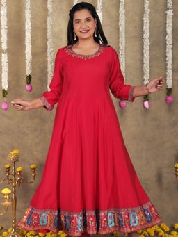 ARAMYA - Women Red Blended Silk Anarkali Solid Kurta