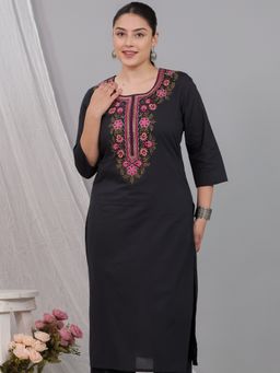ARAMYA - Women Black Soft Cotton Straight Solid Kurta