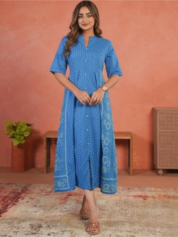 ARAMYA - Women Blue Soft Cotton High Low Bandhani Print Kurta