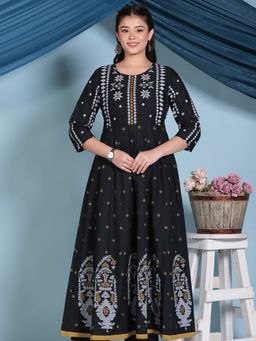 ARAMYA - Women Black Soft Cotton Anarkali Geometric Print Kurta