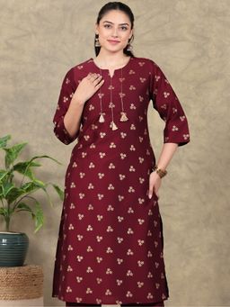 ARAMYA - Women Maroon Chanderi Straight Gold Foil Print Kurta