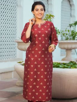 ARAMYA - Women Maroon Chanderi Straight Gold Foil Print Kurta
