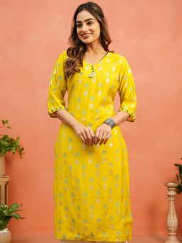 ARAMYA - Women Yellow Chanderi Straight Geometric Print Kurta