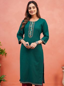ARAMYA - Women Teal Linen Cotton Straight Solid Kurta