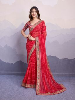 VAIRAGEE - Red Soft Print Embroidery Saree and Mono Banglory Unstitched Blouse
