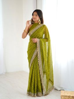 VAIRAGEE - Green Frendy Embroidery Saree and Mono Banglory Unstitched Blouse