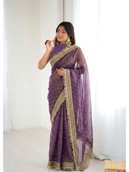 VAIRAGEE - Purple Frendy Embroidery Saree and Mono Banglory Unstitched Blouse