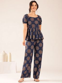 Vbuyz - Women'S Blue Floral Flared Cotton Stitched Kurta With Pant