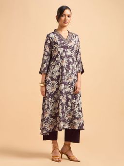 VISMAY - Women Wine Multi Viscose Shimmer Printed Kurti