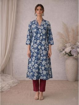 Kami Kubi - Women Blue Cotton Dabu Print A-Line Kurta