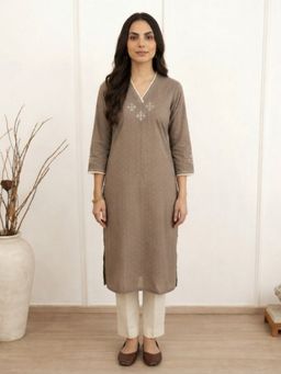Kami Kubi - Women Brown Straight Fit Cotton Dobby Kurta