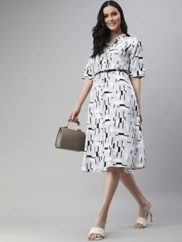SHOWOFF - Womens Midi Abstract Grey Shirt Collar Shirt Dress