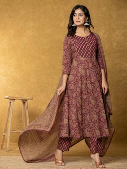 Yufta - Burgundy Sequins Work Cotton Anarkali Kurta & Pant with Dupatta (Set of 3)