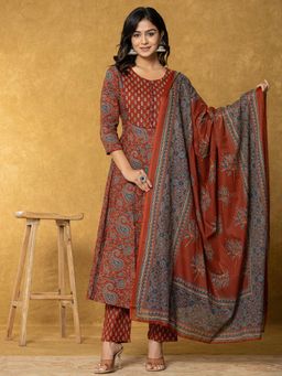 Yufta - Rust Sequins Work Cotton Anarkali Kurta & Pant with Dupatta (Set of 3)