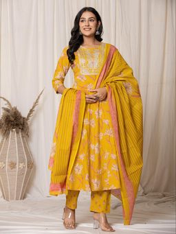 Yufta - Mustard Cotton Dori Embroidery Anarkali Kurta & Pant with Dupatta (Set of 3)