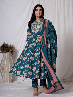 Yufta - Sea Green Floral Pure Cotton Anarkali Kurta & Pant with Dupatta (Set of 3)