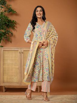 Yufta - Cotton Yellow Kurta with Pant and Dupatta (Set of 3)