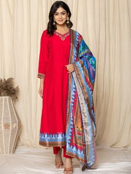 Yufta - Pink Anarkali Silk Blend Cotton Lining Kurta & Pant with Dupatta (Set of 3)