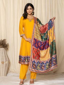 Yufta - Mustard Anarkali Silk Blend Kurta with Pant and Dupatta (Set of 3)