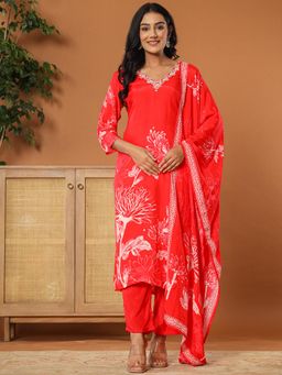 Yufta - Muslin Red Hand Embroidery Kurta with Dupatta & Pant (Set of 3)