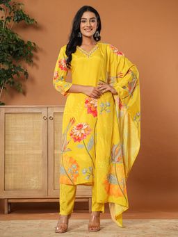 Yufta - Mustard Muslin Hand Embroidery V Neck Kurta with Dupatta and Pant (Set of 3)